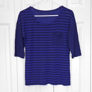 Calvin Klein Blue Black Striped Tee Shirt 3/4 Sleeve Flowy Top Size Small